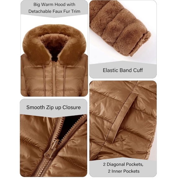 Camel Double Sided Faux Fur Puffer Jacket Hooded-Fur - Picture 4 of 6